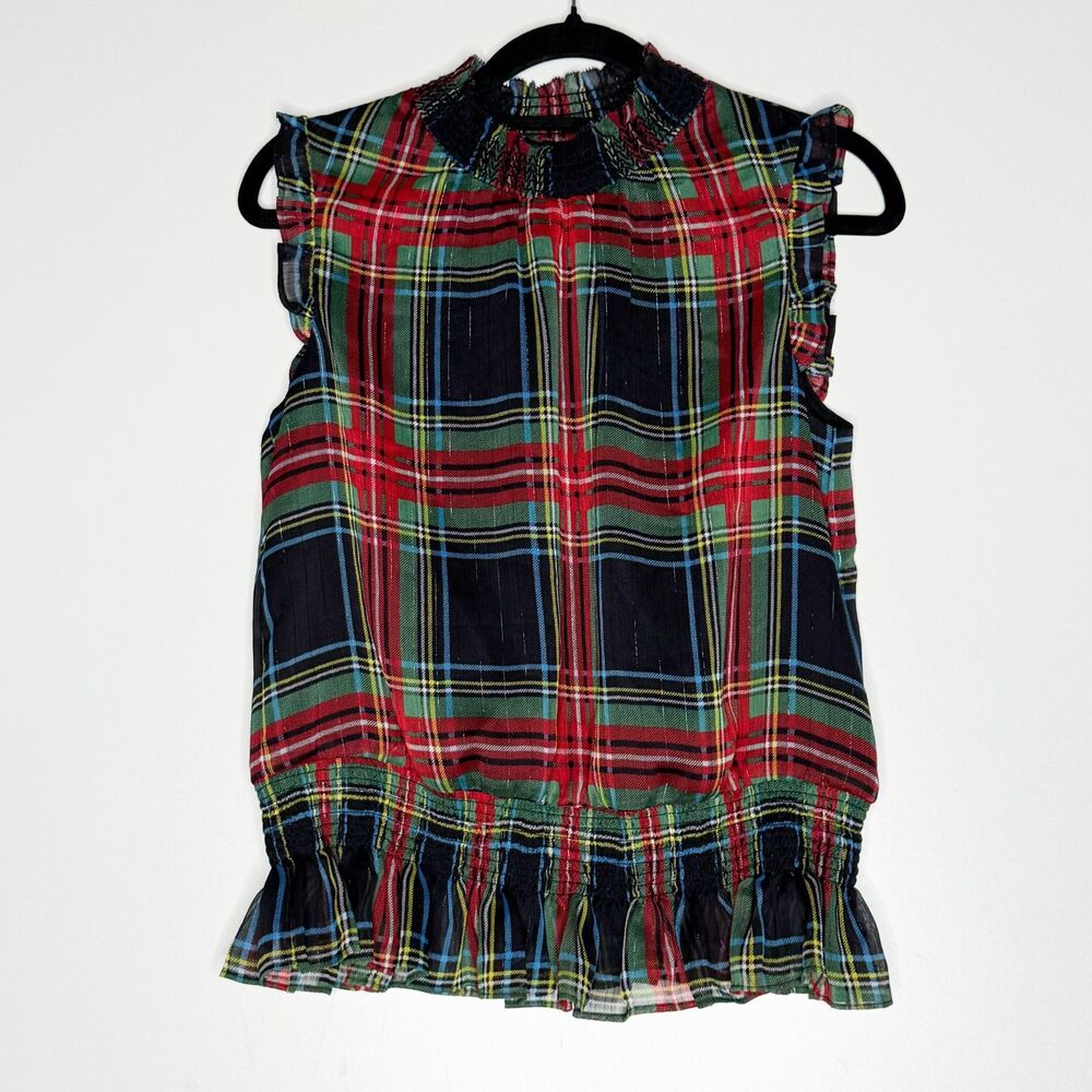 New J. Crew Mock Neck Gilded Stewart Tartan Plaid Top Women's Size 0 Petite